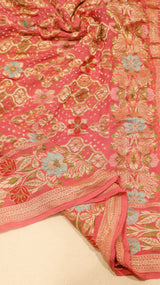 Handwoven Bandhej Khaddi Georgette Peach Pink color Saree