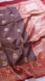 Maroon Pure Tissue Silk Saree with Katan Silk Contrast Border