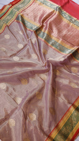 Dusty Pink Pure Tissue Silk Handloom Saree with multicolor border