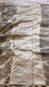 Black Pure Tissue Silk Handloom Saree with Silver & Golden Zari Leaf Shaped