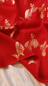 Red Pure Kora Silk Handloom Saree with Floral Motifs