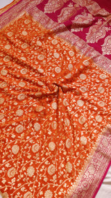 Orange Pure Khaddi Georgette Handloom Saree with Contrast Border