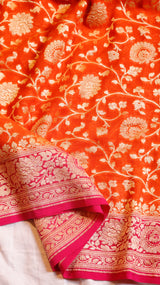 Orange Pure Khaddi Georgette Handloom Saree with Contrast Border
