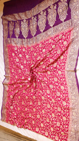 Rani Pink Pure Khaddi Georgette Handloom Saree with Contrast Blouse