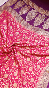 Rani Pink Pure Khaddi Georgette Handloom Saree with Contrast Blouse