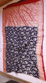 Navy Blue Pure Khaddi Georgette Handloom Saree with Contrast Blouse