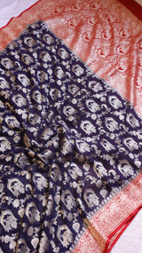 Navy Blue Pure Khaddi Georgette Handloom Saree with Contrast Blouse