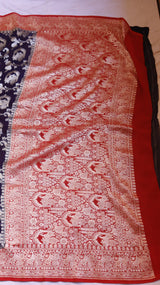 Navy Blue Pure Khaddi Georgette Handloom Saree with Contrast Blouse