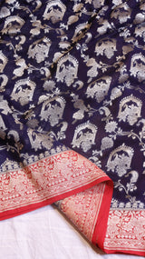 Navy Blue Pure Khaddi Georgette Handloom Saree with Contrast Blouse