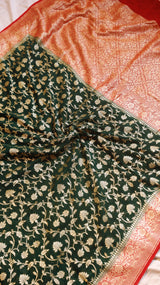 Bottle-green Pure Khaddi Georgette Handloom Saree with Contrast Blouse