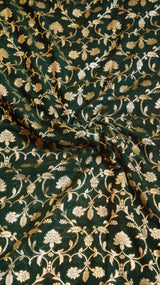 Bottle-green Pure Khaddi Georgette Handloom Saree with Contrast Blouse