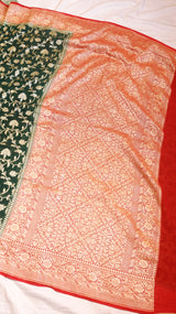 Bottle-green Pure Khaddi Georgette Handloom Saree with Contrast Blouse