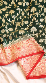 Bottle-green Pure Khaddi Georgette Handloom Saree with Contrast Blouse