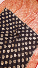 Charcoal Blue Pure Khaddi Georgette Handloom Saree with Contrast Blouse