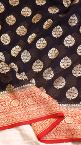 Charcoal Blue Pure Khaddi Georgette Handloom Saree with Contrast Blouse