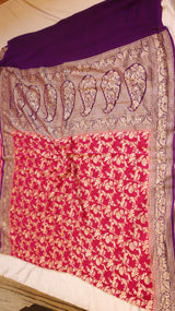 Rani Color Pure Khaddi Georgette Handloom Shikargah Saree with Contrast Blouse