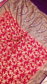 Rani Color Pure Khaddi Georgette Handloom Shikargah Saree with Contrast Blouse