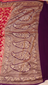 Rani Color Pure Khaddi Georgette Handloom Shikargah Saree with Contrast Blouse