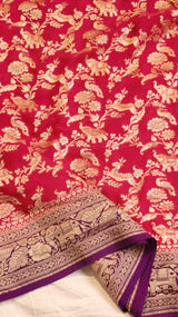 Rani Color Pure Khaddi Georgette Handloom Shikargah Saree with Contrast Blouse