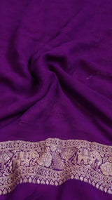 Rani Color Pure Khaddi Georgette Handloom Shikargah Saree with Contrast Blouse