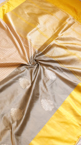 Grey Pure Katan Silk Handloom Saree with Dual Tone, Broad Border