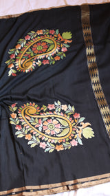 Black Pure Moonga Muslin Handloom Saree with Paisley Style