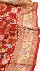 Handloom Pure Khaddi Georgette Bandhej Dupatta with Paithani Border