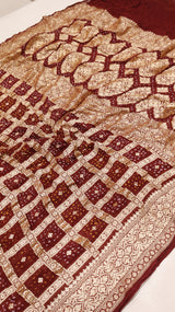 Handwoven Maroon Bandhej Khaddi Geogette Saree