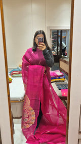 Handloom Pure Kora Silk Saree with Paisley Pallu in Rani Pink