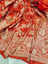 Pre-Order : Handloom Pure Katan Silk Saree In Ferrari Red