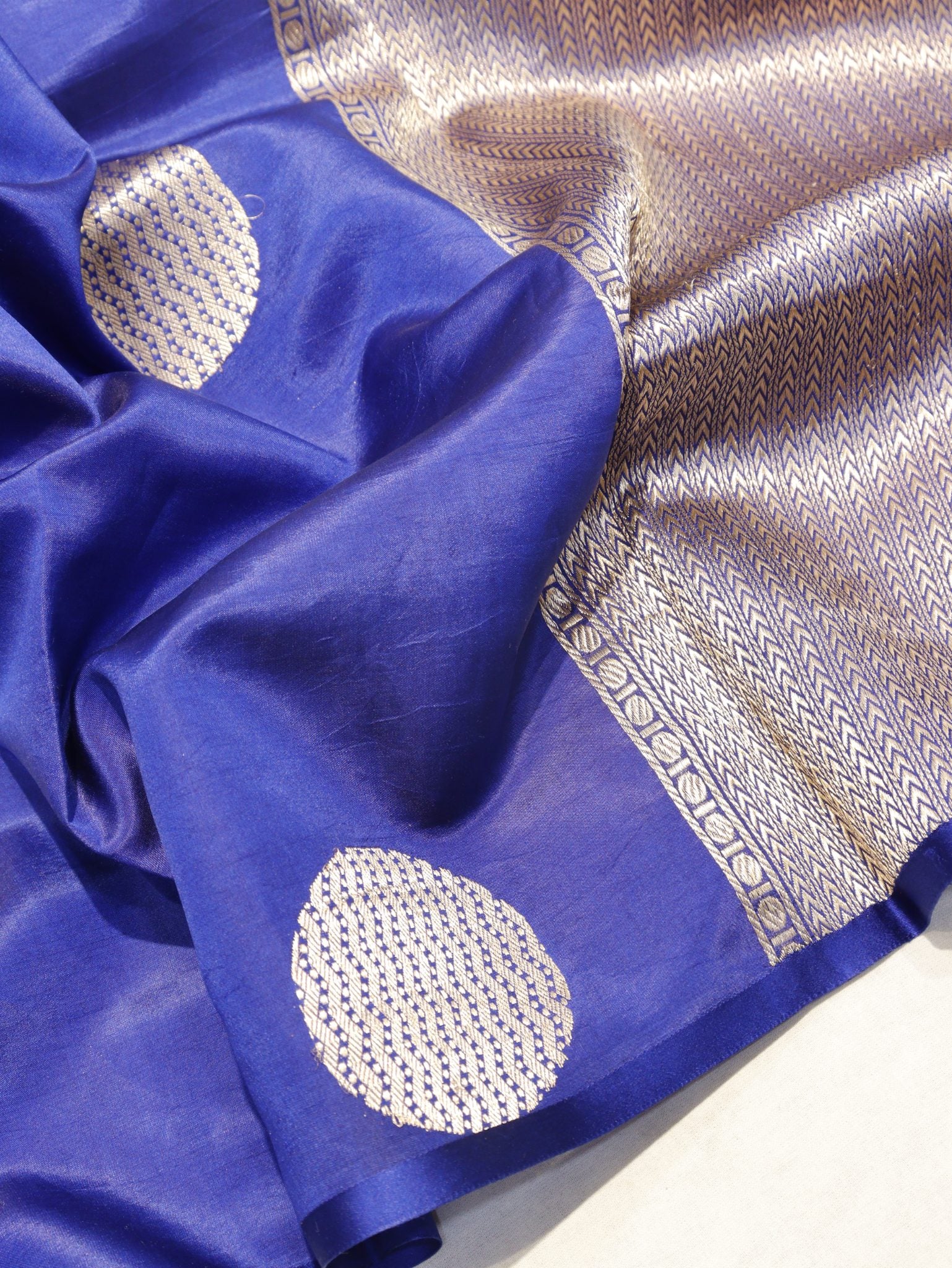 Royal Blue Soft Katan Banarasi saree front drape view – Hikayat Banaras