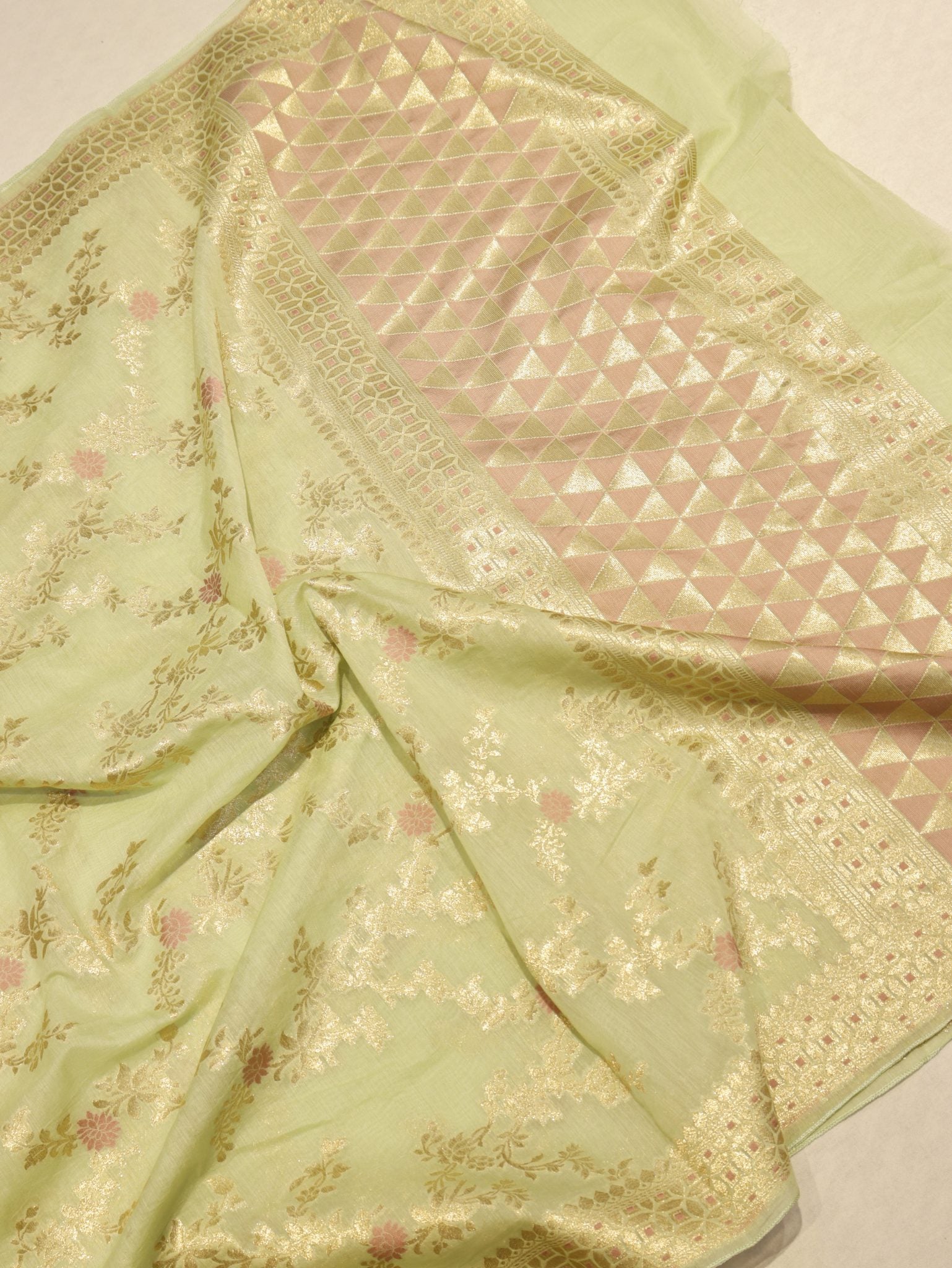 Green Katan Silk Banarasi suit front drape view – Hikayat Banaras