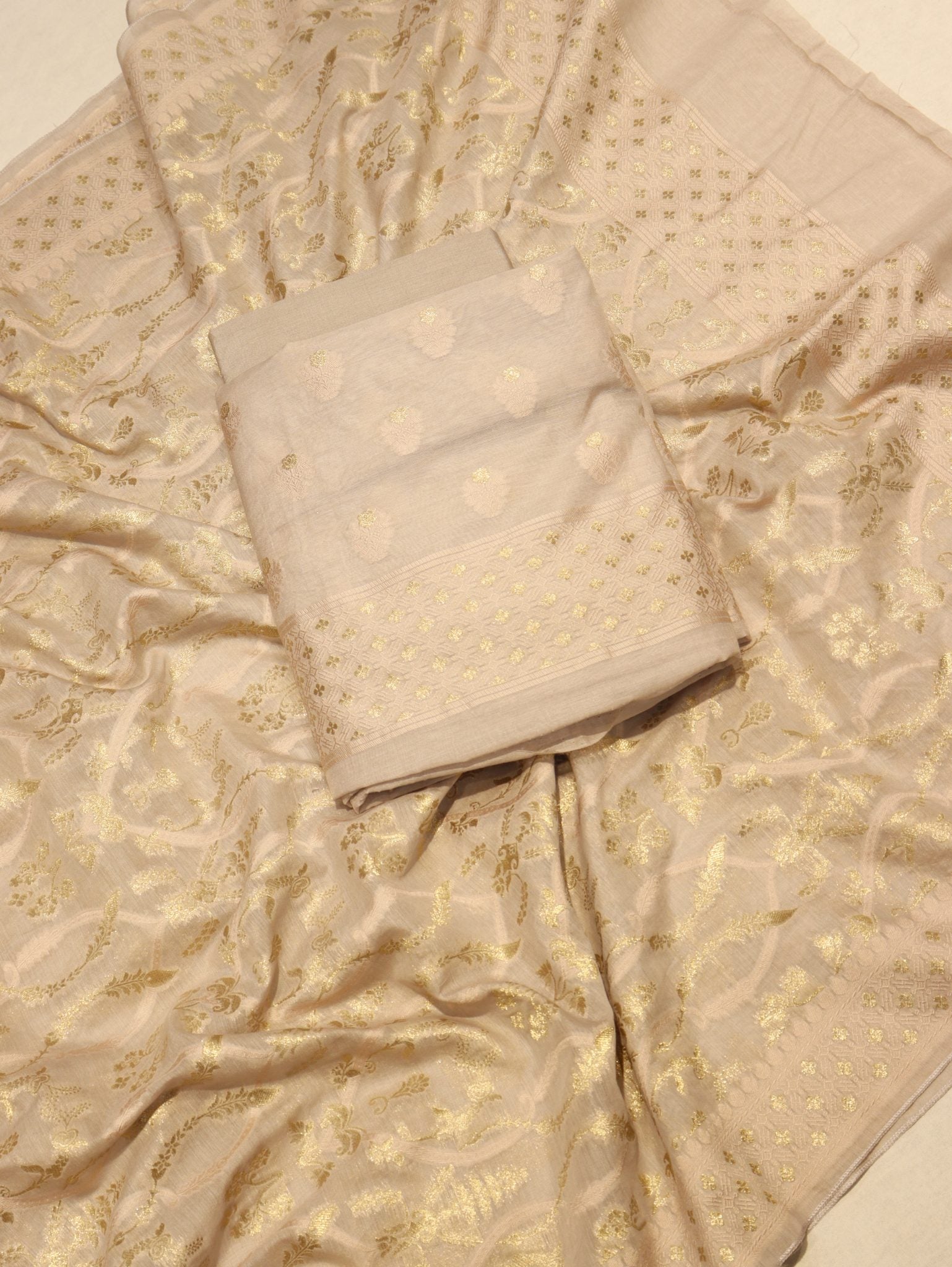 Coffee Brown Katan Silk Banarasi suit front drape view – Hikayat Banaras