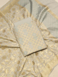 Pastel Powder Blue Katan Silk Banarasi suit front drape view – Hikayat Banaras