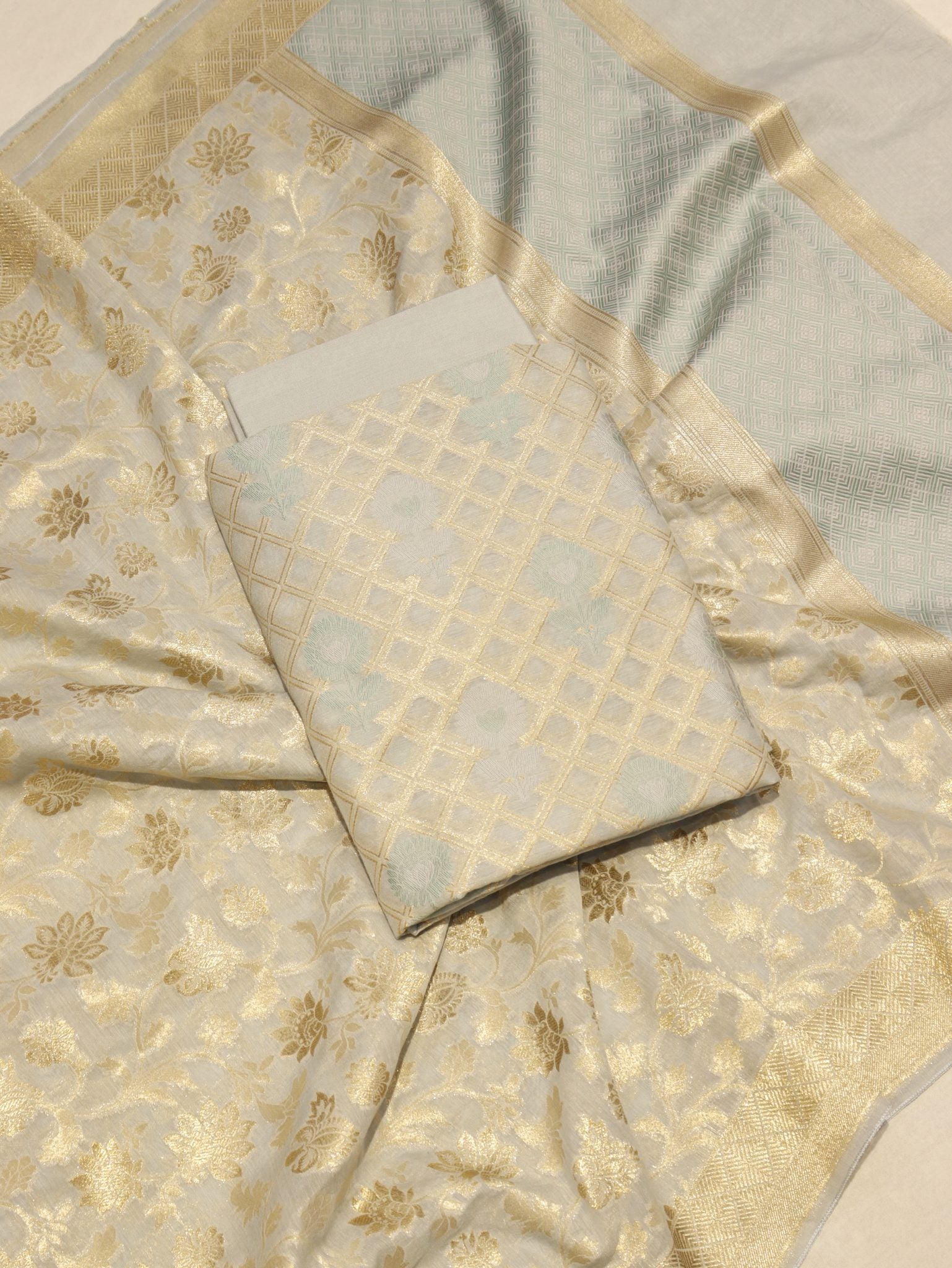 Pastel Powder Blue Katan Silk Banarasi suit front drape view – Hikayat Banaras