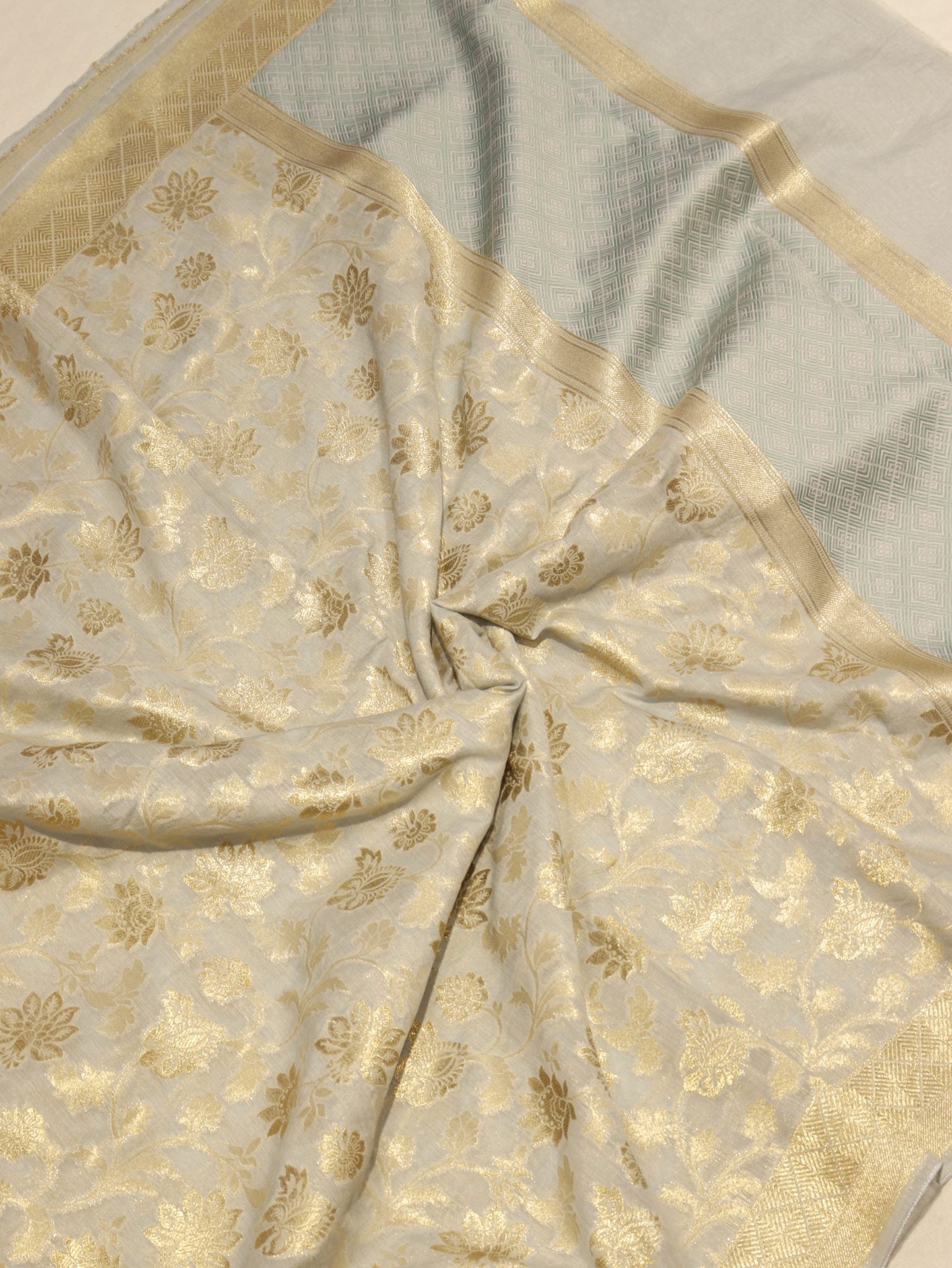 Pastel Powder Blue Katan Silk Banarasi suit neckline detail – Hikayat Banaras