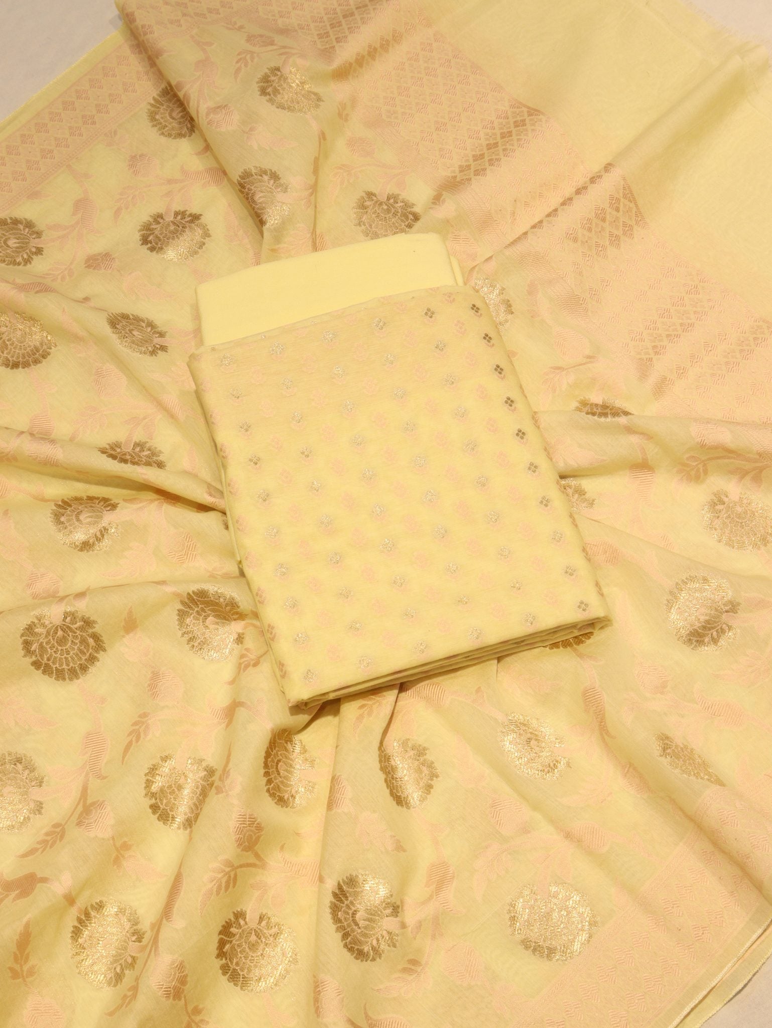 Yellow Katan Silk Banarasi suit front drape view – Hikayat Banaras