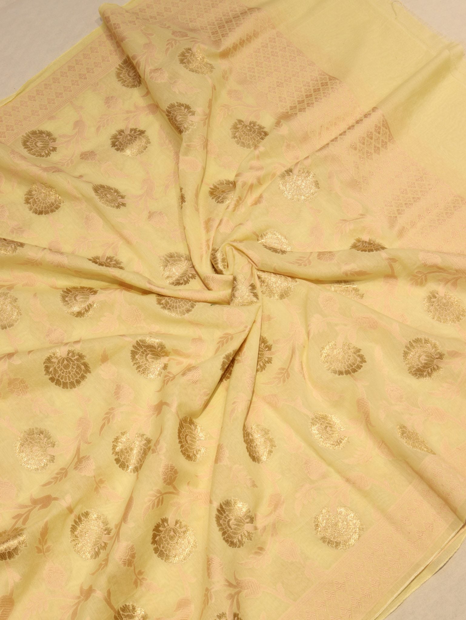 Yellow Katan Silk Banarasi suit neckline detail – Hikayat Banaras