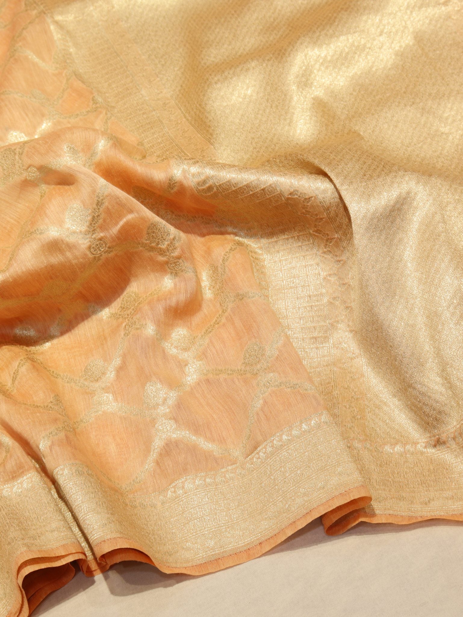 Orange Katan Silk Banarasi saree front drape view – Hikayat Banaras