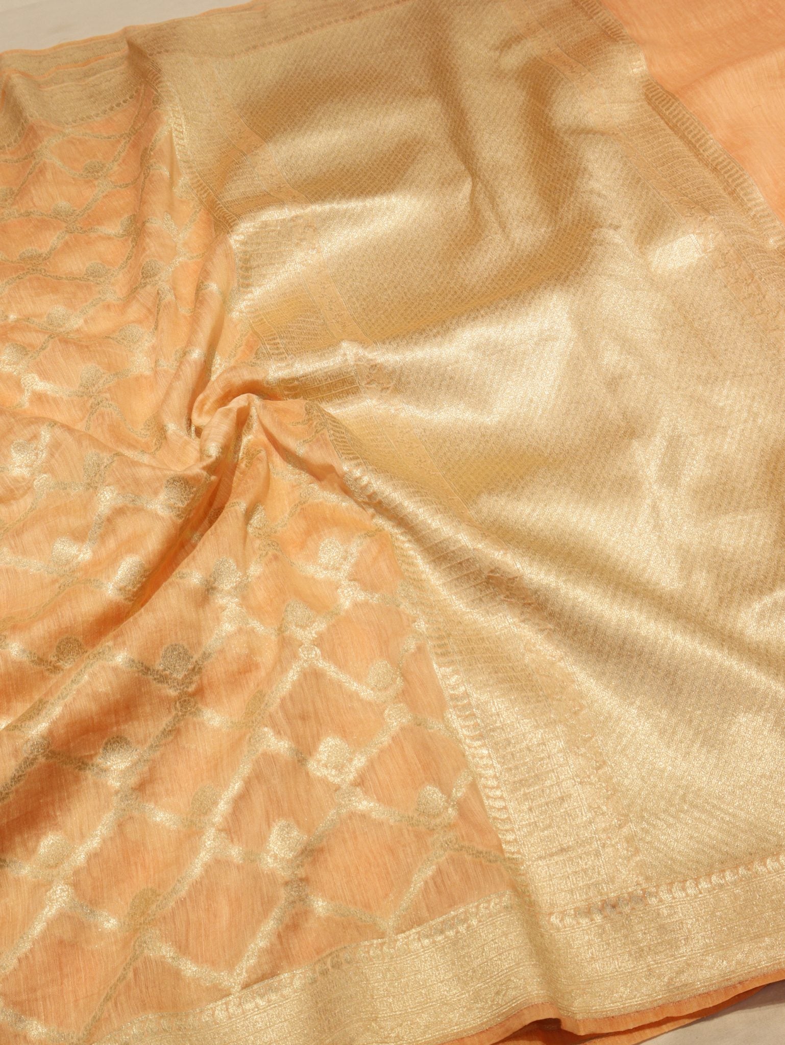 Orange Katan Silk Banarasi saree texture detail – Hikayat Banaras