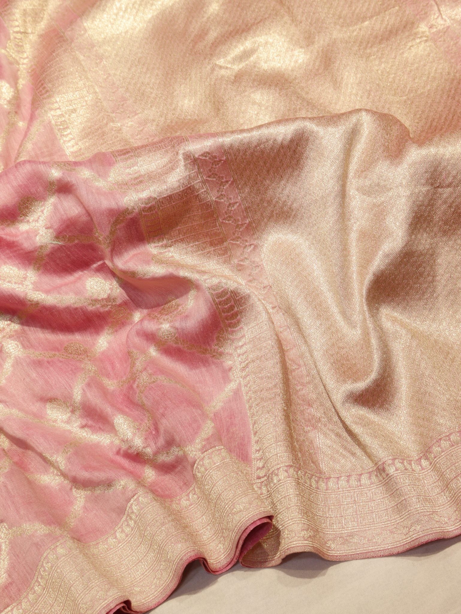 Pink Katan Silk Banarasi saree front drape view – Hikayat Banaras