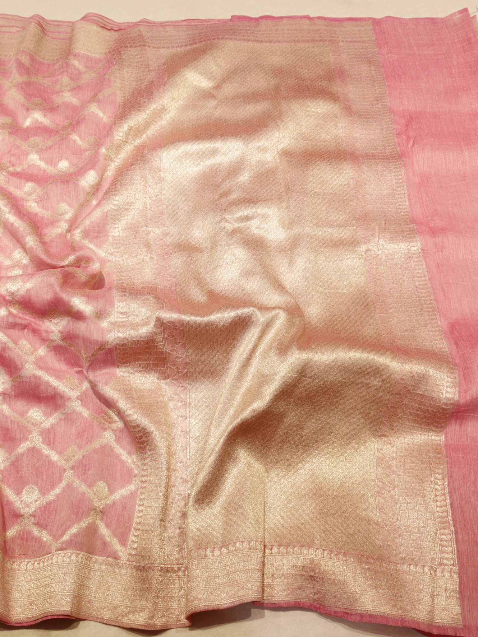 Pink Katan Silk Banarasi saree full spread – Hikayat Banaras
