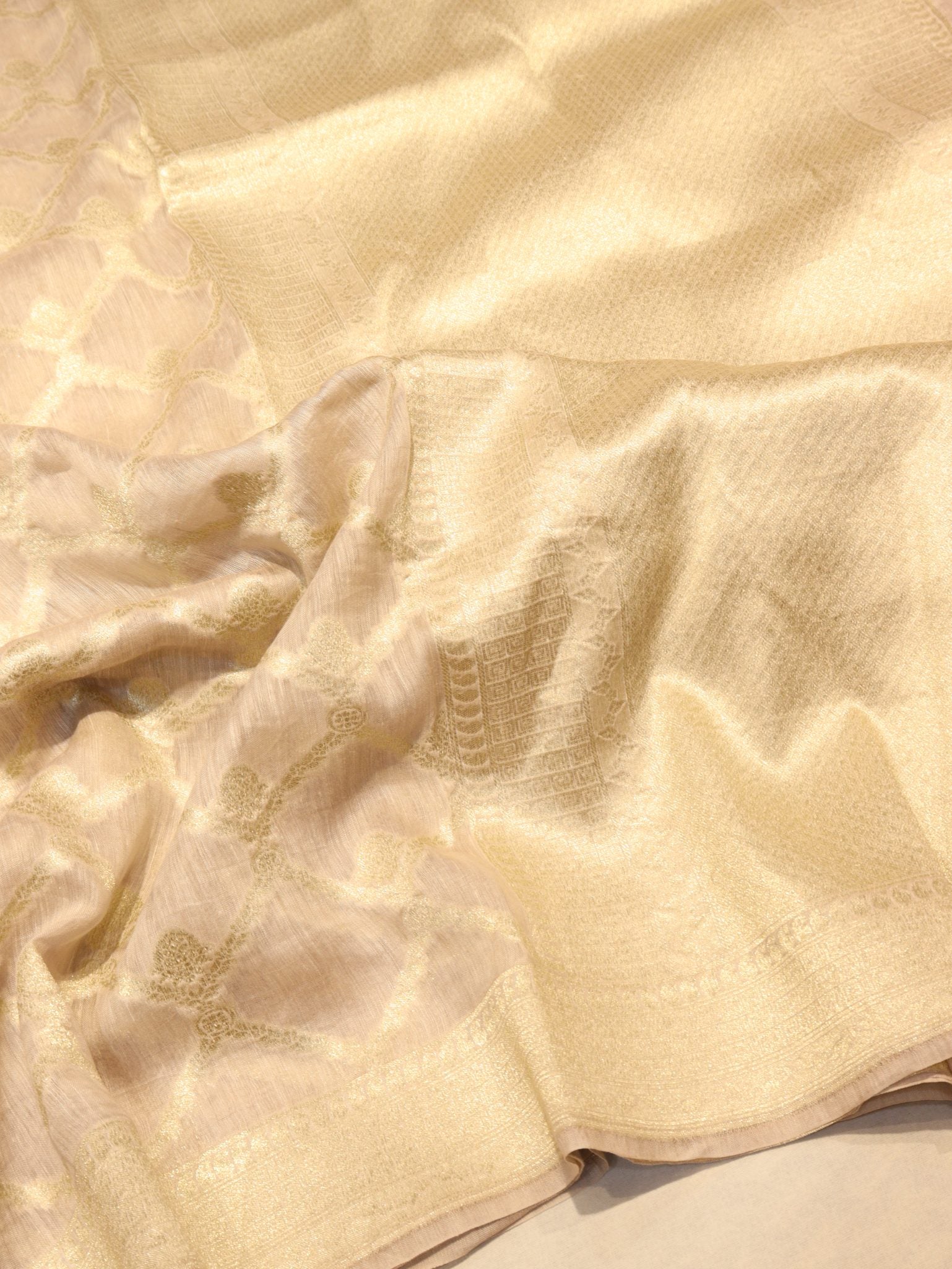 Beige Katan Silk Banarasi saree front drape view – Hikayat Banaras