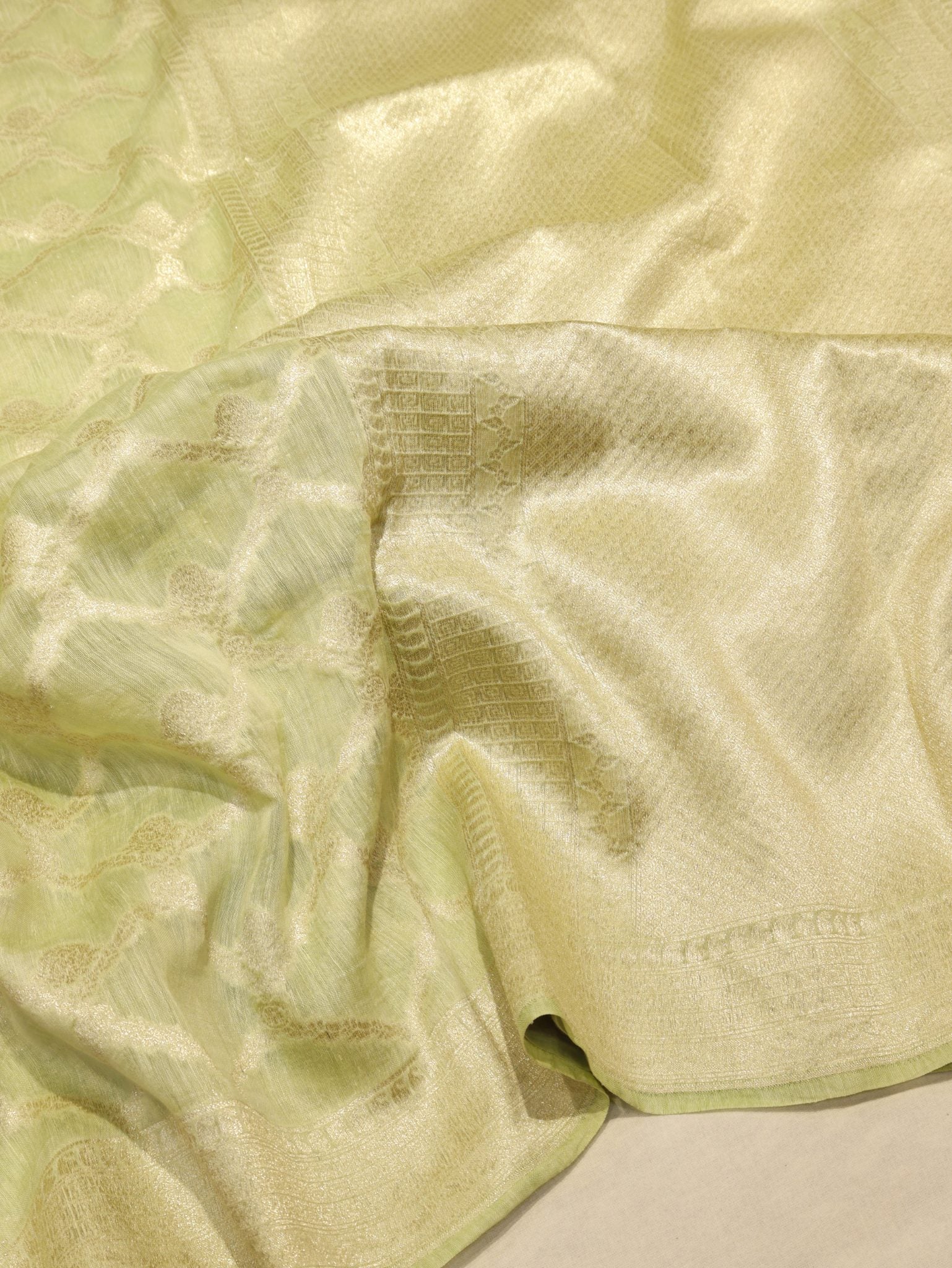 Green Katan Silk Banarasi saree front drape view – Hikayat Banaras
