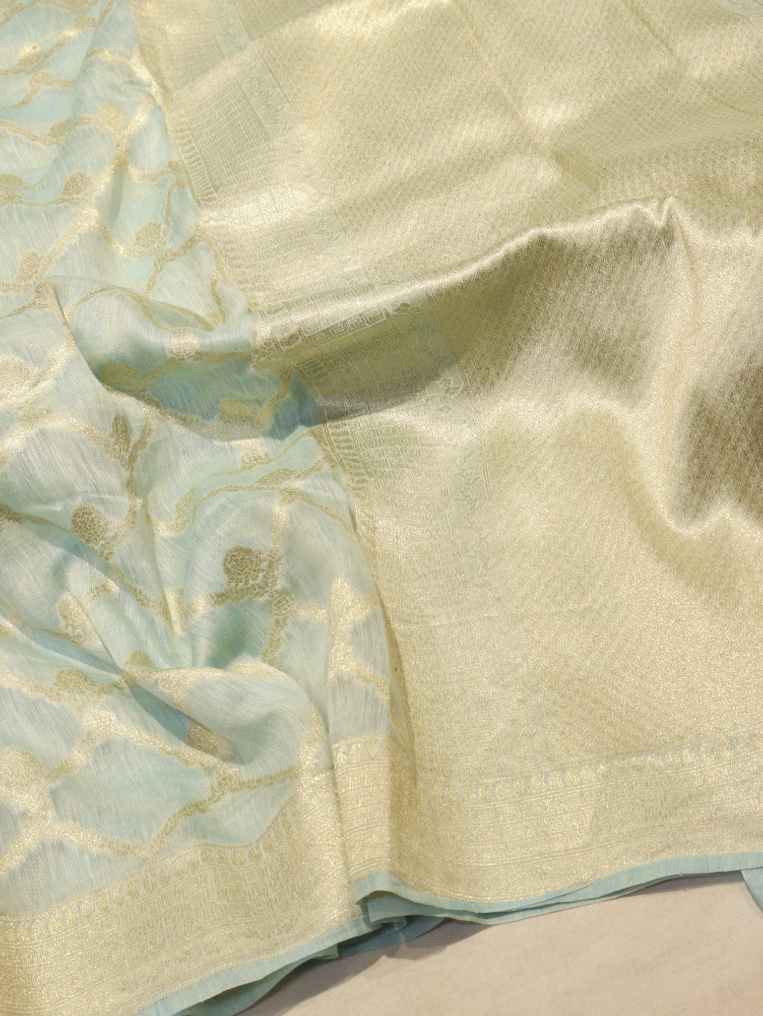 Soft Blue Katan Silk Banarasi saree front drape view – Hikayat Banaras