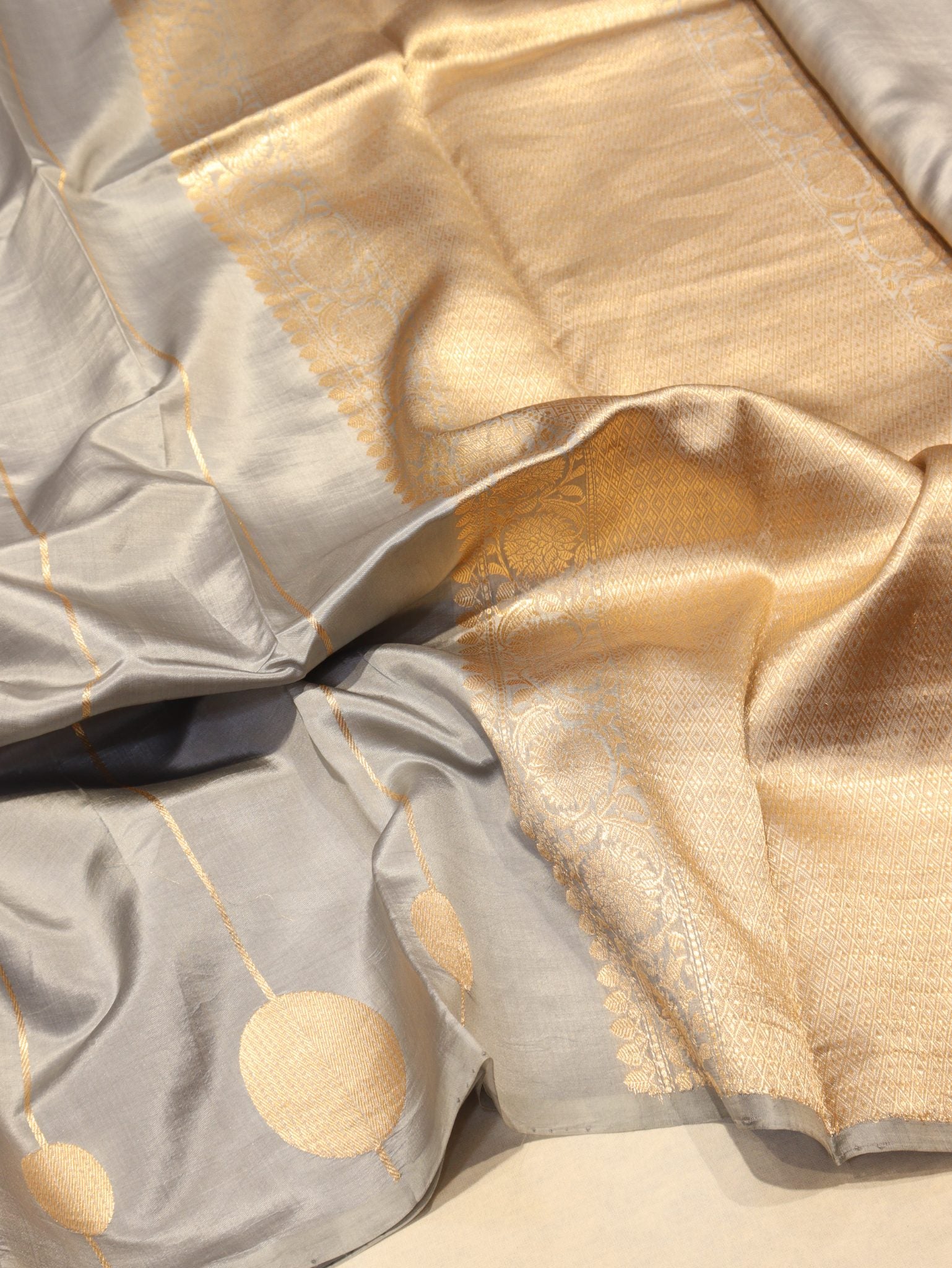Grey Soft Katan Banarasi saree front drape view – Hikayat Banaras