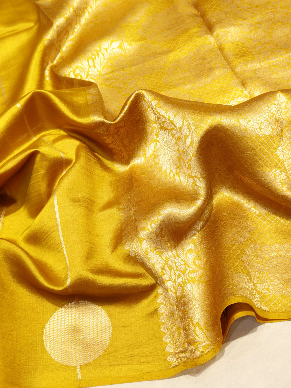 Yellow Soft Katan Banarasi saree front drape view – Hikayat Banaras