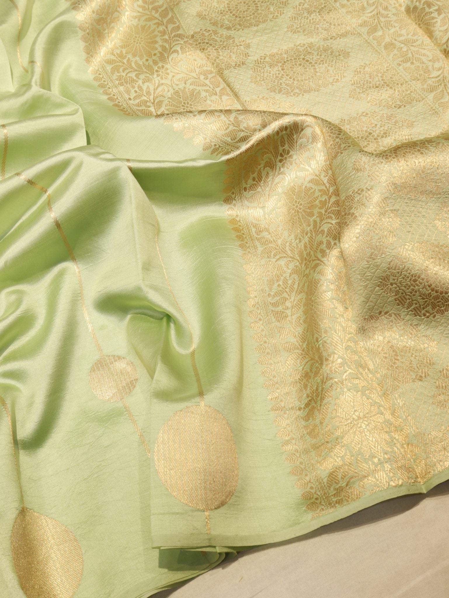Green Soft Katan Banarasi saree front drape view – Hikayat Banaras