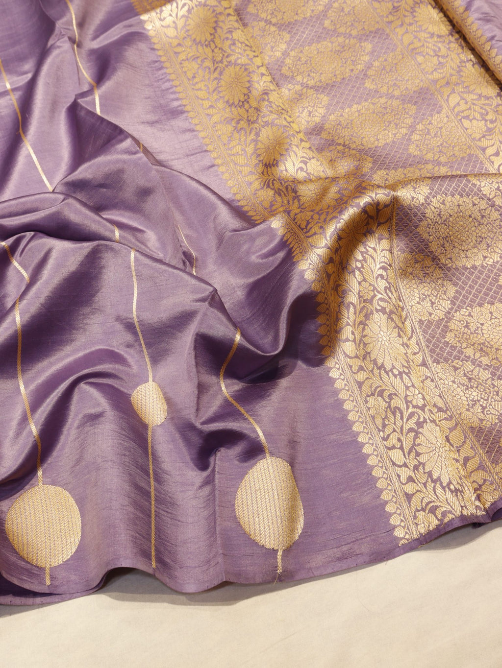 Lavender Soft Katan Banarasi saree front drape view – Hikayat Banaras
