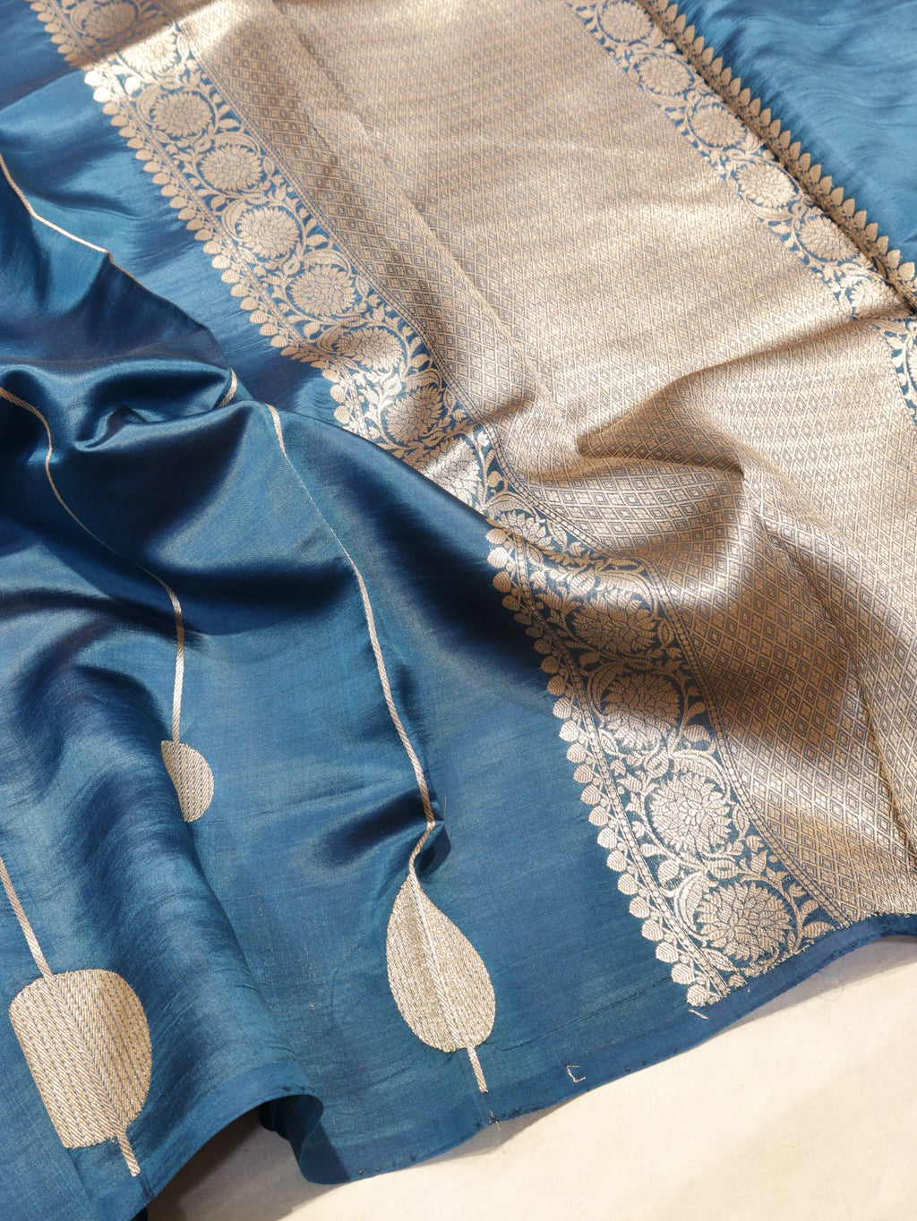 Peacock Blue Soft Katan Banarasi saree front drape view – Hikayat Banaras